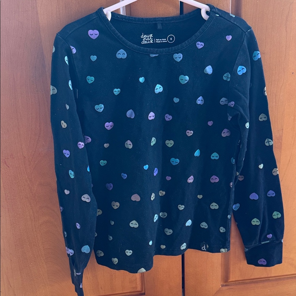 deux par deux Black Long Sleeve Top with Multicolor Hearts